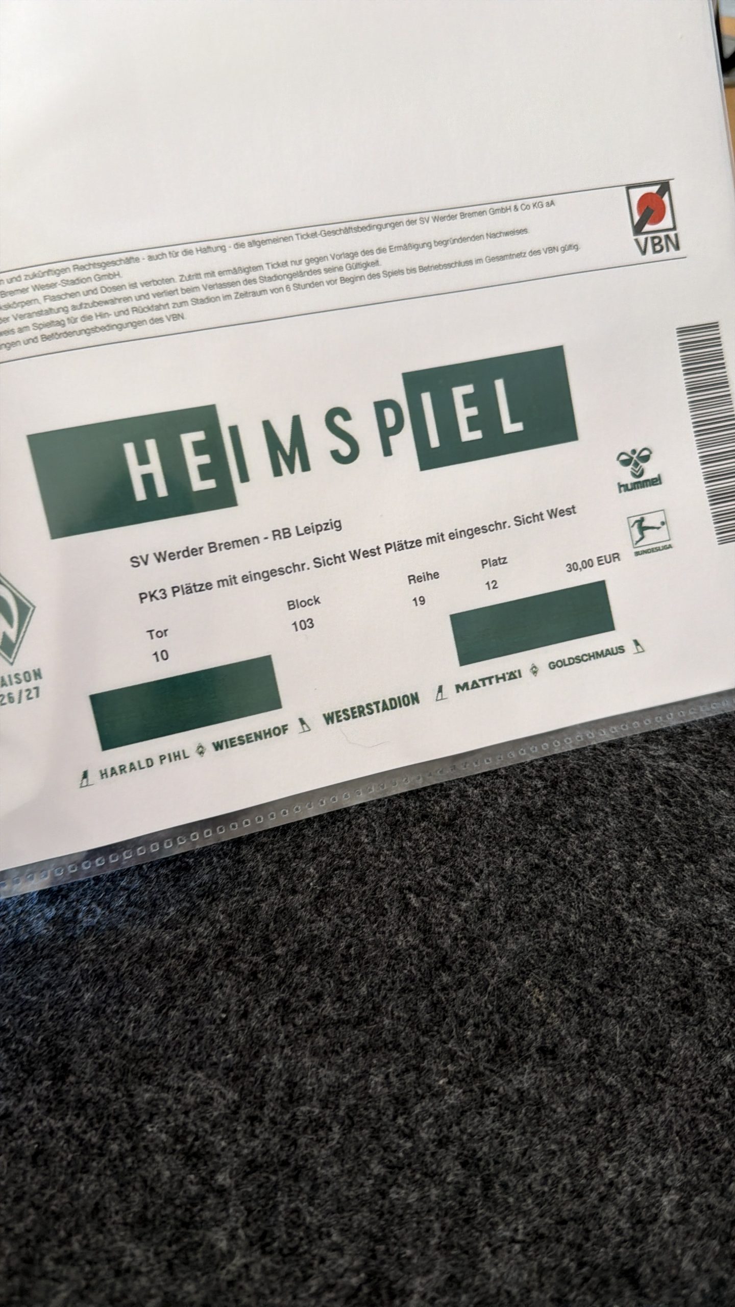 Eintrittskarte Heimspiel Werder - Leipzig - Samstag, 05.09.2026
